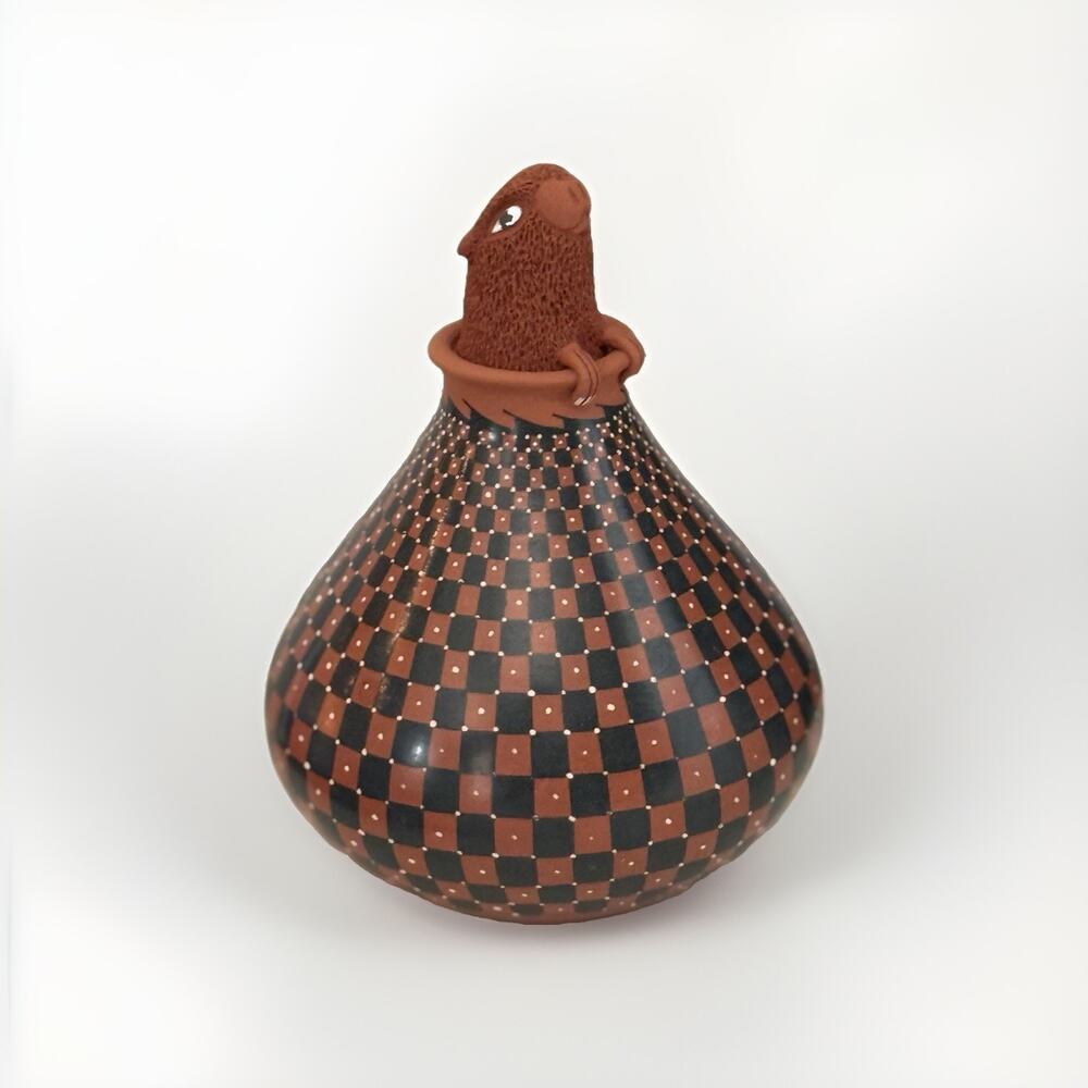 Signed Guadalupe Ledezma Mata Ortiz Pottery Effigy Jar Checkerboard Olla Vase